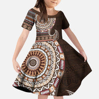 Fijian Masi Tribal Tattoos Art Pattern Kid Short Sleeve Dress Brown Color Half Style LT03 KID Brown - Polynesian Pride