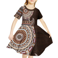 Fijian Masi Tribal Tattoos Art Pattern Kid Short Sleeve Dress Brown Color Half Style LT03 - Polynesian Pride