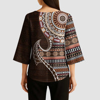 Fijian Masi Tribal Tattoos Art Pattern Kimono Sleeve Blouse Brown Color Half Style - Polynesian Pride