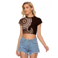 Fijian Masi Tribal Tattoos Art Pattern Raglan Cropped T Shirt Brown Color Half Style - Polynesian Pride