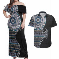 Fijian Masi Tribal Tattoos Art Pattern Couples Matching Off Shoulder Maxi Dress and Hawaiian Shirt Navy Color Half Style - Polynesian Pride