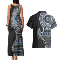 Fijian Masi Tribal Tattoos Art Pattern Couples Matching Tank Maxi Dress and Hawaiian Shirt Navy Color Half Style LT03 - Polynesian Pride