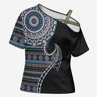 Fijian Masi Tribal Tattoos Art Pattern Cross Shoulder Shirt Navy Color Half Style LT03 Female Navy - Polynesian Pride
