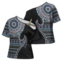 Fijian Masi Tribal Tattoos Art Pattern Cross Shoulder Shirt Navy Color Half Style LT03 - Polynesian Pride
