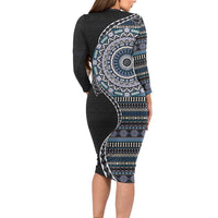 Fijian Masi Tribal Tattoos Art Pattern Family Matching Long Sleeve Bodycon Dress and Hawaiian Shirt Navy Color Half Style - Polynesian Pride