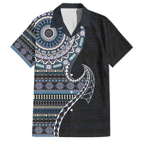 Fijian Masi Tribal Tattoos Art Pattern Family Matching Off The Shoulder Long Sleeve Dress and Hawaiian Shirt Navy Color Half Style - Polynesian Pride