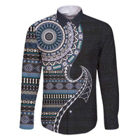 Fijian Masi Tribal Tattoos Art Pattern Family Matching Puletasi and Hawaiian Shirt Navy Color Half Style - Polynesian Pride