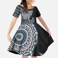 Fijian Masi Tribal Tattoos Art Pattern Family Matching Short Sleeve Bodycon Dress and Hawaiian Shirt Navy Color Half Style - Polynesian Pride
