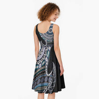Fijian Masi Tribal Tattoos Art Pattern Midi Dress Navy Color Half Style - Polynesian Pride
