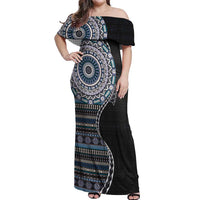 Fijian Masi Tribal Tattoos Art Pattern Off Shoulder Maxi Dress Navy Color Half Style - Polynesian Pride