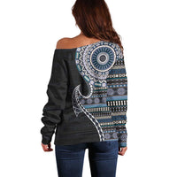 Fijian Masi Tribal Tattoos Art Pattern Off Shoulder Sweater Navy Color Half Style - Polynesian Pride