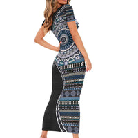 Fijian Masi Tribal Tattoos Art Pattern Short Sleeve Bodycon Dress Navy Color Half Style - Polynesian Pride