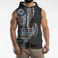 Fijian Masi Tribal Tattoos Art Pattern Sleeveless Zip Hoodie Navy Color Half Style - Polynesian Pride