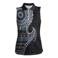 Fijian Masi Tribal Tattoos Art Pattern Women Sleeveless Polo Shirt Navy Color Half Style LT03 Female Navy - Polynesian Pride