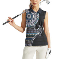 Fijian Masi Tribal Tattoos Art Pattern Women Sleeveless Polo Shirt Navy Color Half Style LT03 - Polynesian Pride