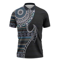 Fijian Masi Tribal Tattoos Art Pattern Zipper Polo Shirt Navy Color Half Style LT03 Navy - Polynesian Pride