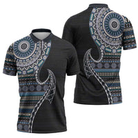 Fijian Masi Tribal Tattoos Art Pattern Zipper Polo Shirt Navy Color Half Style LT03 - Polynesian Pride