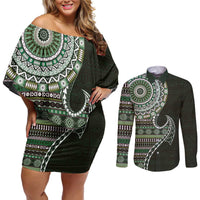 Fijian Masi Tribal Tattoos Art Pattern Couples Matching Off Shoulder Short Dress and Long Sleeve Button Shirt Green Color Half Style - Polynesian Pride