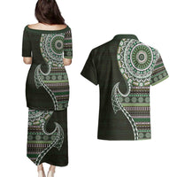 Fijian Masi Tribal Tattoos Art Pattern Couples Matching Puletasi and Hawaiian Shirt Green Color Half Style - Polynesian Pride
