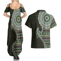 Fijian Masi Tribal Tattoos Art Pattern Couples Matching Summer Maxi Dress and Hawaiian Shirt Green Color Half Style LT03 - Polynesian Pride