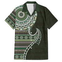 Fijian Masi Tribal Tattoos Art Pattern Family Matching Long Sleeve Bodycon Dress and Hawaiian Shirt Green Color Half Style - Polynesian Pride