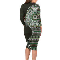 Fijian Masi Tribal Tattoos Art Pattern Family Matching Long Sleeve Bodycon Dress and Hawaiian Shirt Green Color Half Style - Polynesian Pride