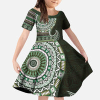 Fijian Masi Tribal Tattoos Art Pattern Family Matching Off The Shoulder Long Sleeve Dress and Hawaiian Shirt Green Color Half Style - Polynesian Pride