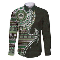 Fijian Masi Tribal Tattoos Art Pattern Family Matching Off Shoulder Short Dress and Hawaiian Shirt Green Color Half Style - Polynesian Pride