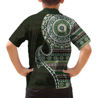 Fijian Masi Tribal Tattoos Art Pattern Family Matching Short Sleeve Bodycon Dress and Hawaiian Shirt Green Color Half Style - Polynesian Pride