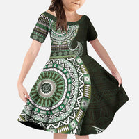 Fijian Masi Tribal Tattoos Art Pattern Family Matching Short Sleeve Bodycon Dress and Hawaiian Shirt Green Color Half Style - Polynesian Pride