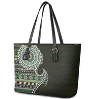 Fijian Masi Tribal Tattoos Art Pattern Leather Tote Bag Green Color Half Style - Polynesian Pride