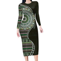 Fijian Masi Tribal Tattoos Art Pattern Long Sleeve Bodycon Dress Green Color Half Style - Polynesian Pride