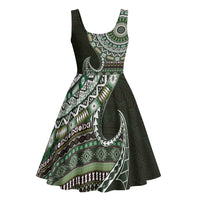 Fijian Masi Tribal Tattoos Art Pattern Midi Dress Green Color Half Style - Polynesian Pride