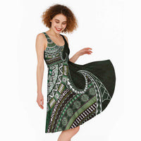Fijian Masi Tribal Tattoos Art Pattern Midi Dress Green Color Half Style - Polynesian Pride