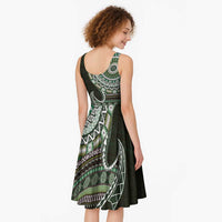 Fijian Masi Tribal Tattoos Art Pattern Midi Dress Green Color Half Style - Polynesian Pride