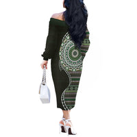 Fijian Masi Tribal Tattoos Art Pattern Off The Shoulder Long Sleeve Dress Green Color Half Style - Polynesian Pride