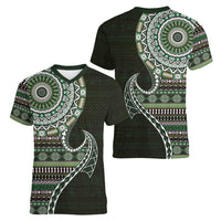 Fijian Masi Tribal Tattoos Art Pattern Women V-Neck T-Shirt Green Color Half Style - Polynesian Pride