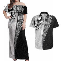 Fijian Masi Tattoos Couples Matching Off Shoulder Maxi Dress and Hawaiian Shirt with Tapa Tribal Pattern LT03 White - Polynesian Pride