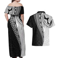 Fijian Masi Tattoos Couples Matching Off Shoulder Maxi Dress and Hawaiian Shirt with Tapa Tribal Pattern LT03 - Polynesian Pride