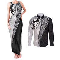 Fijian Masi Tattoos Couples Matching Tank Maxi Dress and Long Sleeve Button Shirt with Tapa Tribal Pattern - Polynesian Pride