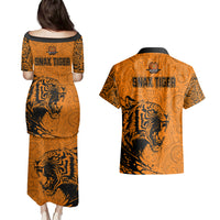 PNG Lae Snax Tigers Rugby Couples Matching Puletasi Dress and Hawaiian Shirt The Tigers Head and PNG Bird Polynesian Tattoo LT03 - Polynesian Pride