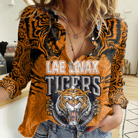 Custom PNG Lae Snax Tigers Rugby Women Casual Shirt The Tigers Head and PNG Bird Polynesian Tattoo LT03 Female Orange - Polynesian Pride