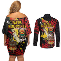 Papua New Guinea Christmas Couples Matching Off Shoulder Short Dress and Long Sleeve Button Shirt Funny Melanesian Santa with Bird-of-paradise Tribal Style - Polynesian Pride