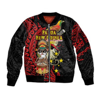 Papua New Guinea Christmas Sleeve Zip Bomber Jacket Funny Melanesian Santa with Bird-of-paradise Tribal Style - Polynesian Pride
