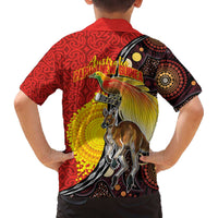 Australia and Papua New Guinea Together Family Matching Off The Shoulder Long Sleeve Dress and Hawaiian Shirt Bird-of-paradise and Kangaroo with Oro Tapa and Aboriginal Art Motifs LT03 - Polynesian Pride