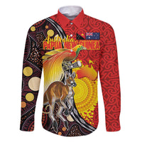 Australia and Papua New Guinea Together Family Matching Off The Shoulder Long Sleeve Dress and Hawaiian Shirt Bird-of-paradise and Kangaroo with Oro Tapa and Aboriginal Art Motifs LT03 Dad's Shirt - Long Sleeve Black - Polynesian Pride