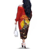 Australia and Papua New Guinea Together Family Matching Off The Shoulder Long Sleeve Dress and Hawaiian Shirt Bird-of-paradise and Kangaroo with Oro Tapa and Aboriginal Art Motifs LT03 - Polynesian Pride