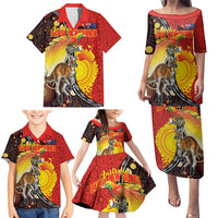 Australia and Papua New Guinea Together Family Matching Puletasi and Hawaiian Shirt Bird-of-paradise and Kangaroo with Oro Tapa and Aboriginal Art Motifs LT03 - Polynesian Pride