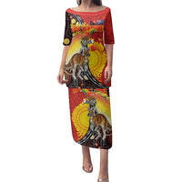 Australia and Papua New Guinea Together Family Matching Puletasi and Hawaiian Shirt Bird-of-paradise and Kangaroo with Oro Tapa and Aboriginal Art Motifs LT03 Mom's Dress Black - Polynesian Pride