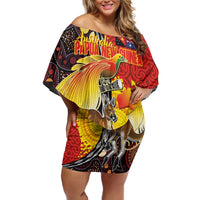 Australia and Papua New Guinea Together Off Shoulder Short Dress Bird-of-paradise and Kangaroo with Oro Tapa and Aboriginal Art Motifs - Polynesian Pride